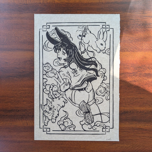 Year of the Rabbit 2023 Wood Block print || Kittygorian x BenjoBlocks